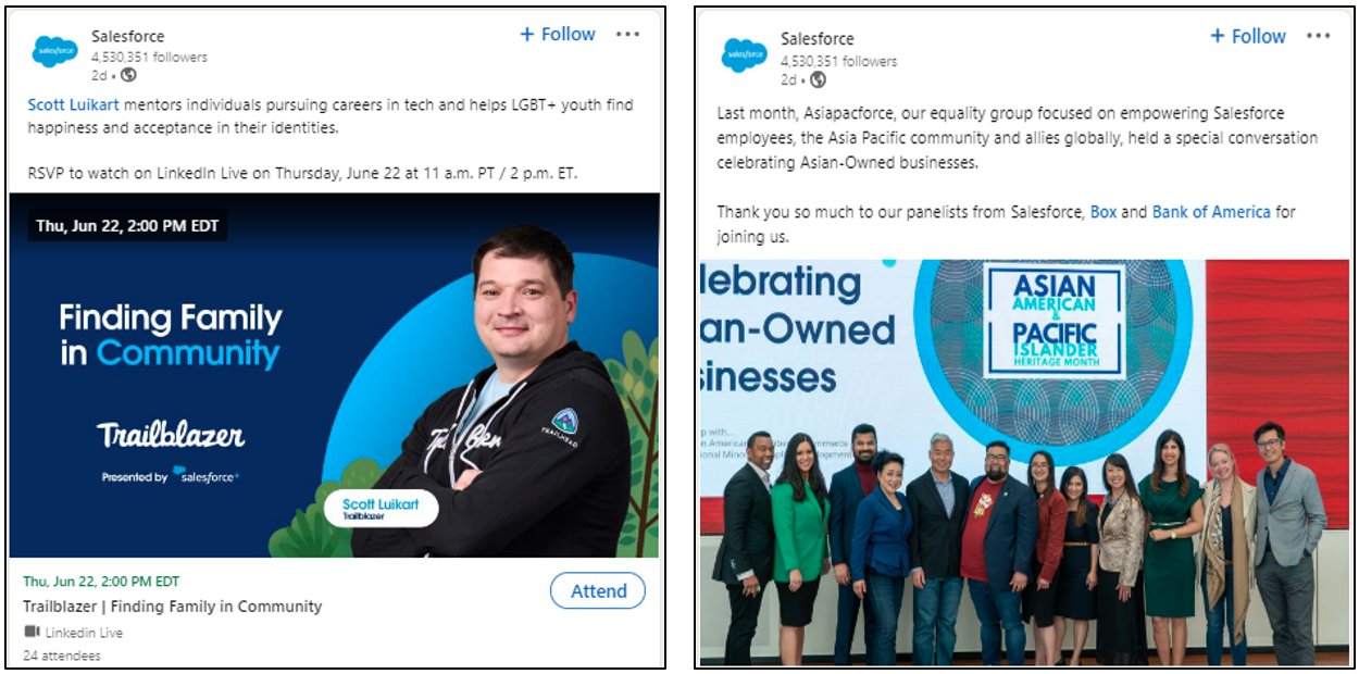 Case Study sample of Salesforce LinkedIn posts with link to company's profile page