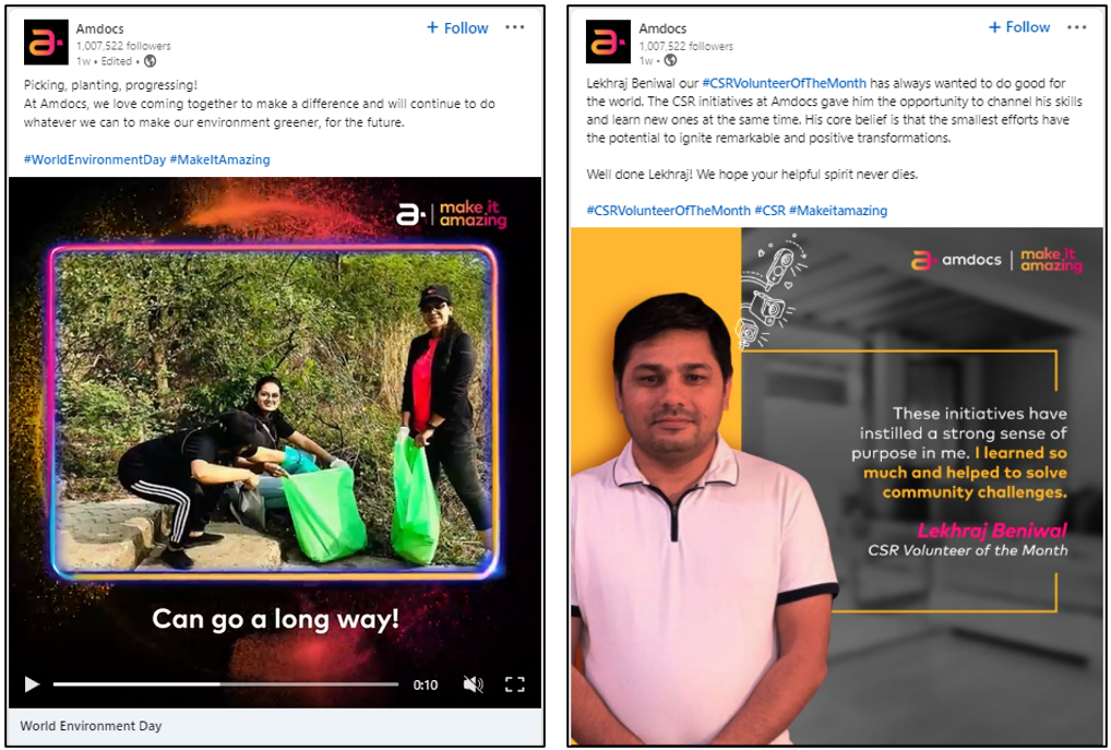 Case Study sample of Amdocs LinkedIn posts with link to company's profile page