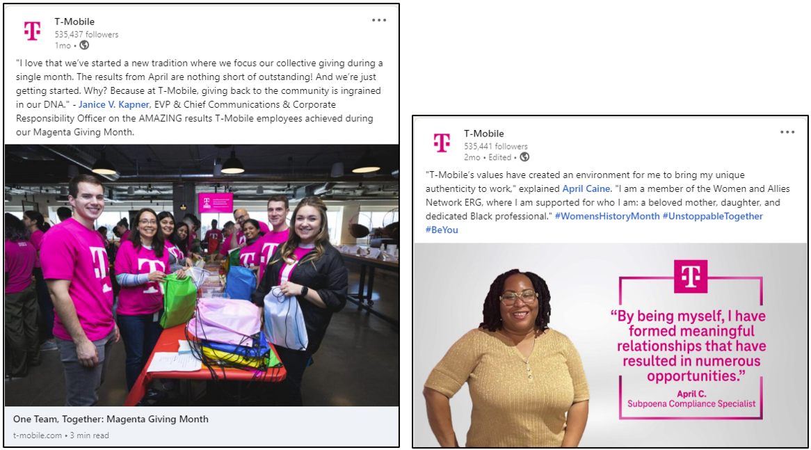 Case Study sample of T-Mobile LinkedIn posts with link to company's profile page