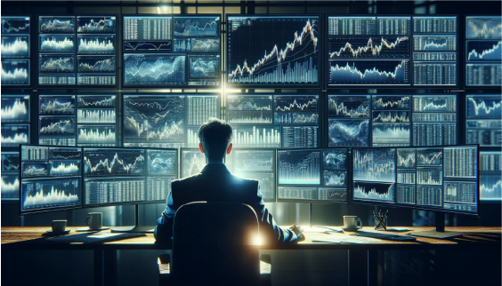 Person at monitors to with a lot of charts showcasing image generated by AI