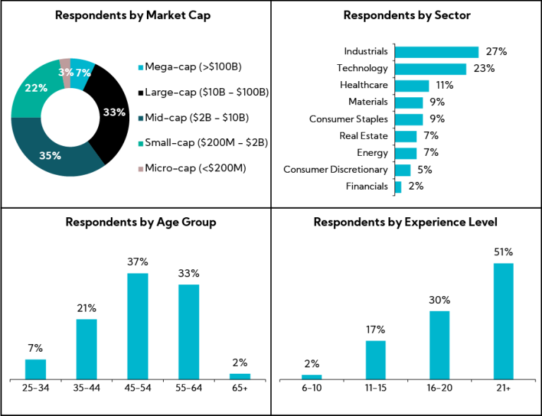 Charts: Respondents by Market Cap, Sector, Age Group, Experience Level