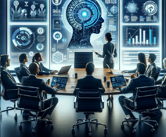 Image depicting group of people around a table looking at a wall of monitors