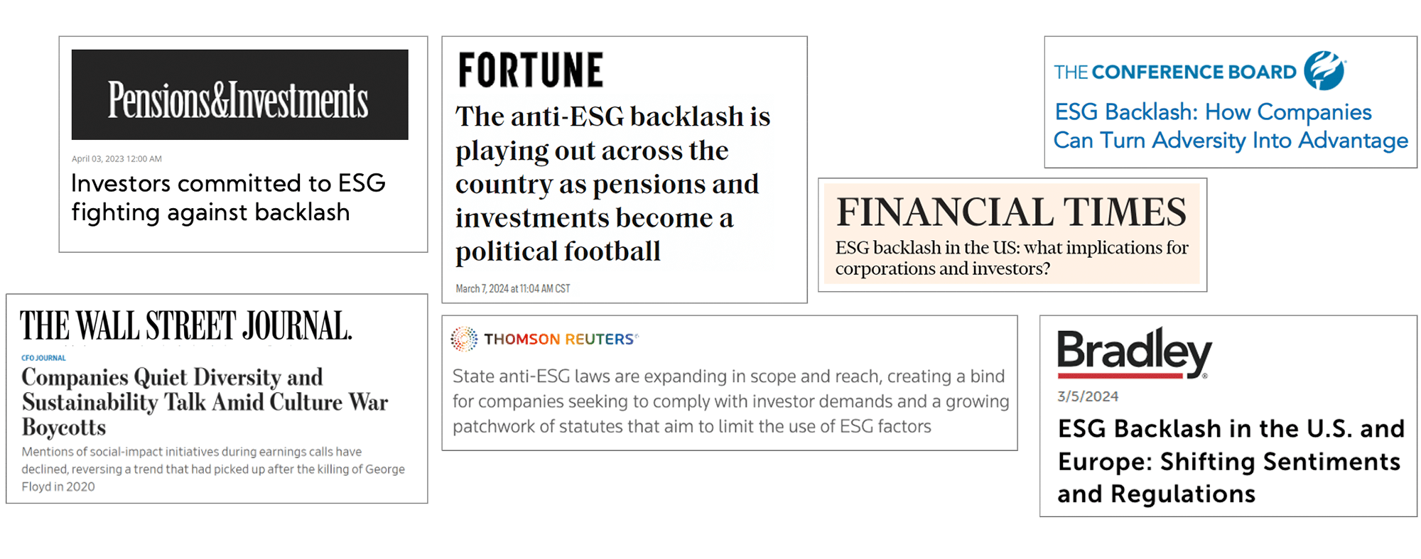 The Big So What™ Sustainability Webinar; news clippings to illustrate the "backlash" on ESG in the news