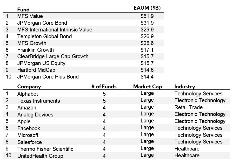 Table: ESG by Company breakdown; Fund EAUM; Company by Market Cap and Industry