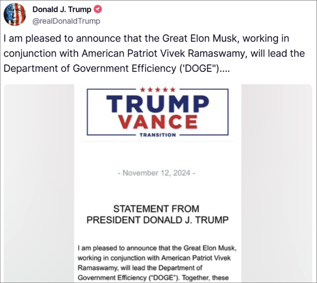 Screenshot: Trump announcement of DOGE 11/12/24