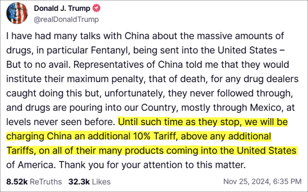Screenshot: Trump message 11/25/24