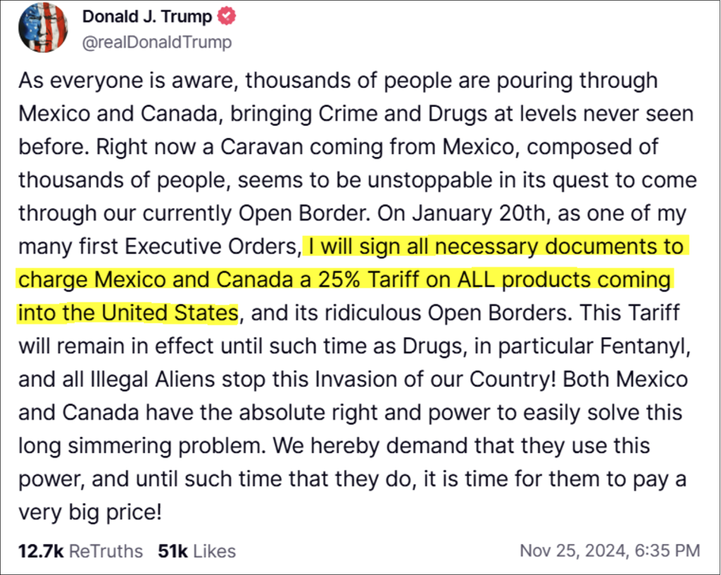 Screenshot: Trump message 11/25/24