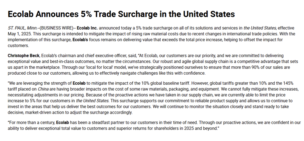 Communication example: Around tariff guidance Ecolab Press Release, April 16, 2025
